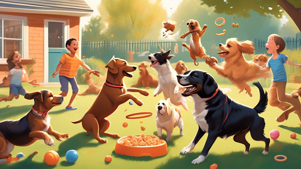 A cheerful scene in a sunny backyard with a diverse group of dogs of different breeds showing off their tricks. One dog is playfully 'playing dead,' another is balancing a treat on its nose, a third i