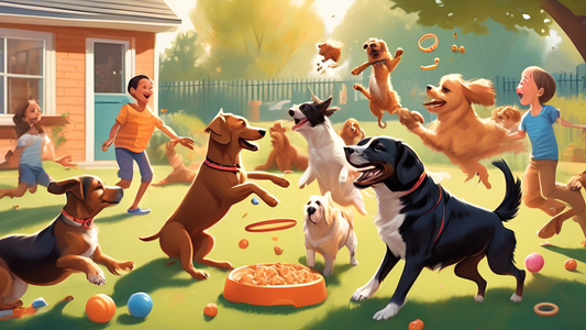 A cheerful scene in a sunny backyard with a diverse group of dogs of different breeds showing off their tricks. One dog is playfully 'playing dead,' another is balancing a treat on its nose, a third i