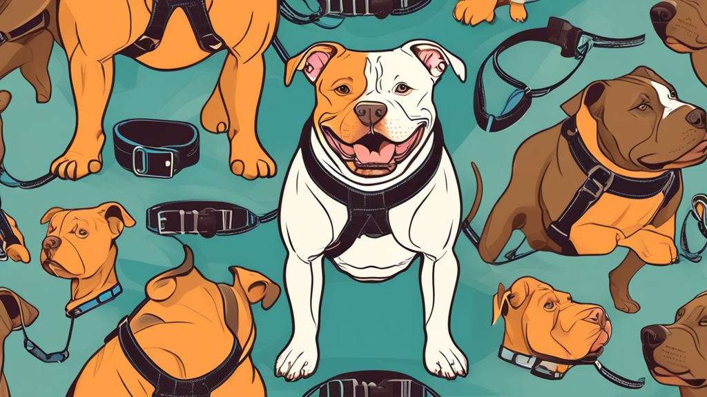 Create an illustration for an article titled The Best Dog Harnesses for Pitbulls: A Comprehensive Guide. The scene should feature a happy, muscular pitbull proudly wearing a well-fitting, sturdy harne