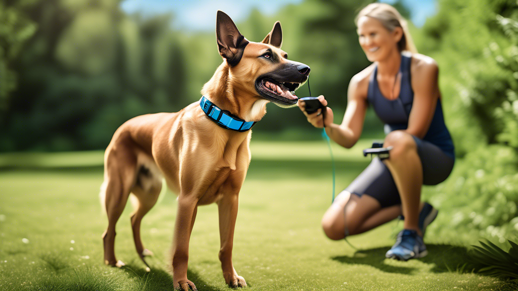 Create an image of a happy and focused dog wearing a high-tech Garmin Tri Tronics collar, participating in a training session in a vibrant outdoor setting. The trainer is using a handheld Garmin devic