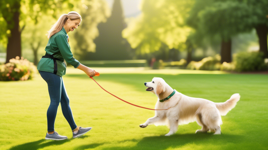 Create an image of a cheerful dog trainer working with a lively dog in a picturesque park setting. The dog is wearing a long leash, allowing it to explore and sniff around, yet staying connected to th