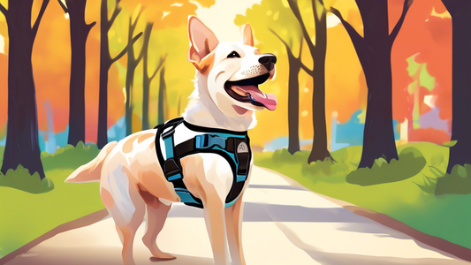 Create an image of a happy dog wearing a sleek, durable Barkbay harness while walking in a picturesque park. The dog should look comfortable and secure with the harness, and a variety of harness style