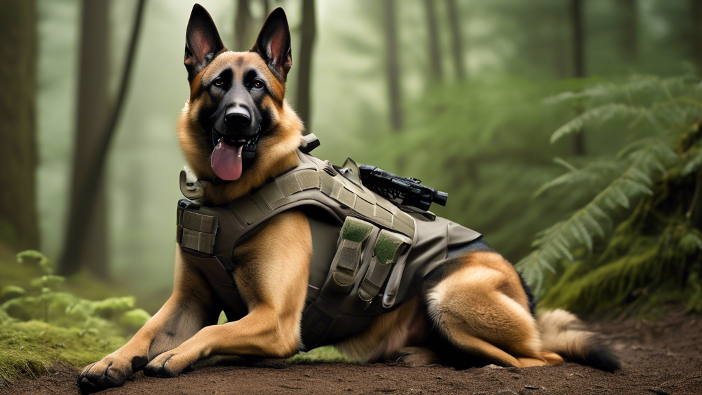 Create an image showing a highly trained working dog, like a German Shepherd or Belgian Malinois, equipped with a high-tech tactical vest in a rugged outdoor environment. The vest should feature vario