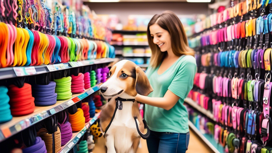 An image of a cheerful pet owner shopping for puppy leashes in a vibrant pet store, displaying various types of leashes in different colors and materials. The store aisle is organized and inviting, wi