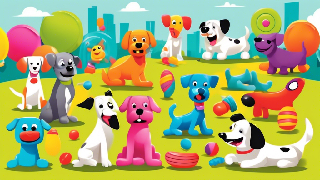An adorable collection of the toughest squeaky dog toys designed for aggressive chewers, displayed in a playful, cartoon-style illustration with a variety of dogs joyfully interacting with brightly co