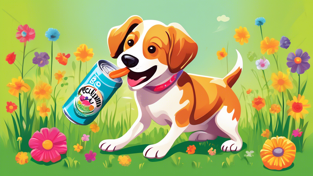 Create an image of a playful dog happily chewing on a toy that resembles a White Claw beverage can. The dog is in a sunny backyard, surrounded by vibrant green grass and colorful flowers. The toy shou