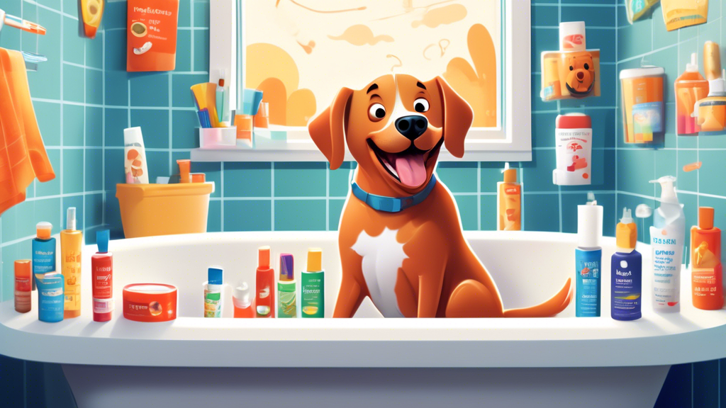An illustration of a happy dog sitting in a cheerful bathroom, surrounded by a variety of toothpaste options designed specifically for dogs. Some toothpaste tubes have enticing flavors like chicken, b
