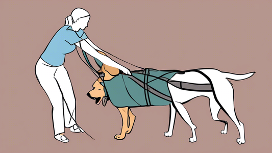 Create a detailed illustration showing a step-by-step guide on how to use an emergency dog sling to safely transport an injured dog. The image should feature a caring person demonstrating each step, f