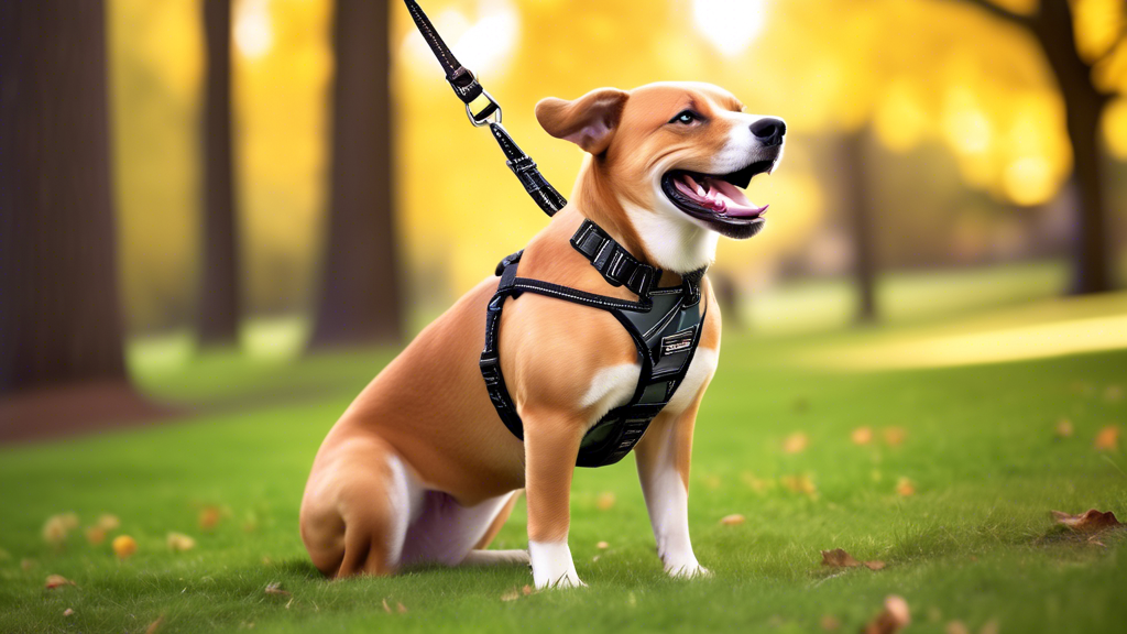 Create an image of a durable dog harness that is chew-proof, showcasing a happy dog wearing it. The harness should be made of tough, sturdy material, such as reinforced nylon or metal, and demonstrate
