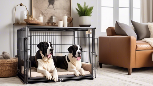 Create an image of a cozy, spacious indoor setting featuring a large dog crate designed for a jumbo breed. The crate should have a comfortable bed inside, a few dog toys, and a water bowl. Next to the