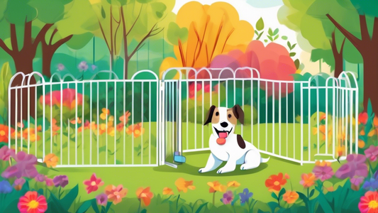 Create an image of a happy dog inside a sturdy, spacious wire dog pen set up in a lush backyard. The pen has a secure latch and plenty of room for toys and a cozy dog bed. Surrounding the pen are beau