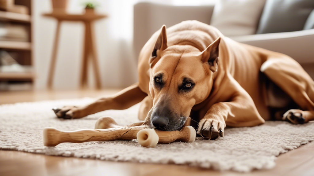 Create an image of a happy, healthy dog chewing on a variety of long-lasting chew bones in a cozy living room setting. Display different types of durable chew bones, from flavored rubber and nylon to 