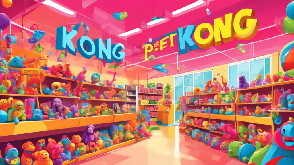 Create an image of a brightly lit pet store aisle filled with various Kong pet toys on display. The scene should feature a large 'Exclusive Kong Sale: Save Big on Pet Toys!' banner hanging overhead. I