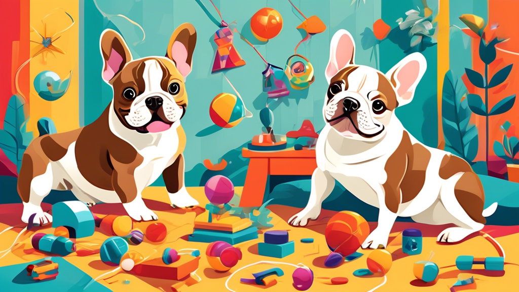 Create a vibrant and playful illustration featuring French Bulldogs joyfully interacting with a variety of top-rated toys, such as interactive puzzles, squeaky plush toys, durable chew toys, and tug r