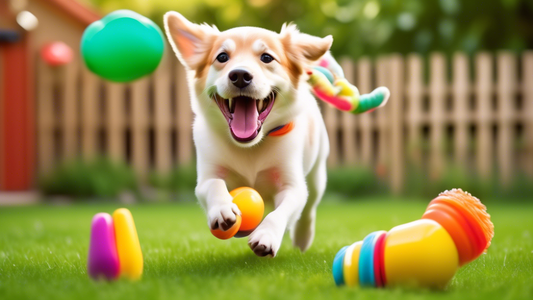 Create an image of a joyful dog playing with colorful, wobbling dog toys in a cheerful, sunny backyard. The dog toys should have amusing shapes, vibrant colors, and a design that shows movement. The d
