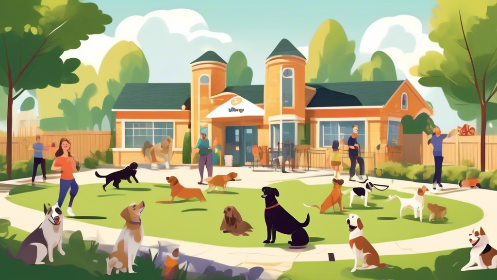 A detailed illustration of a cheerful dog training center in a suburban neighborhood, featuring professional trainers working with various dog breeds in a spacious, green outdoor area. Nearby, there’s