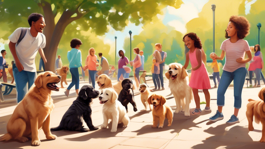 A vibrant, sunny park scene featuring a diverse group of playful puppies of various breeds interacting harmoniously with each other and friendly humans. The background includes benches, trees, and oth