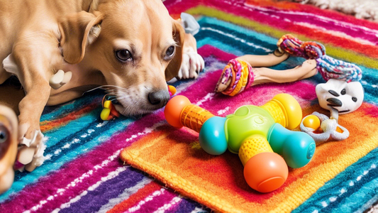 An array of the top chew toys for small dogs, displayed neatly on a colorful rug. The toys vary in shape, size, and material, including rubber bones, plush animals, and rope toys. Each toy is labeled 