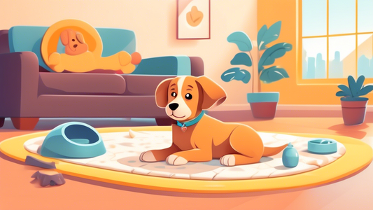 A cozy living room with a playful puppy happily sitting on a pee pad. The scene includes training tools such as treats, a clicker, and a puppy toy, with a proud owner offering praise. The background s