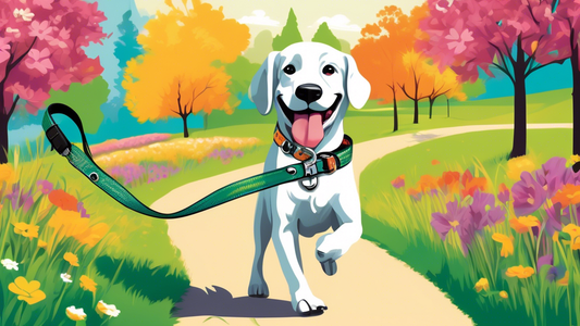 Create an image of a happy dog with a durable, stylish Mendota dog leash. The backdrop should be a picturesque park scene with vibrant green grass and blooming flowers. The dog owner, smiling, holds t