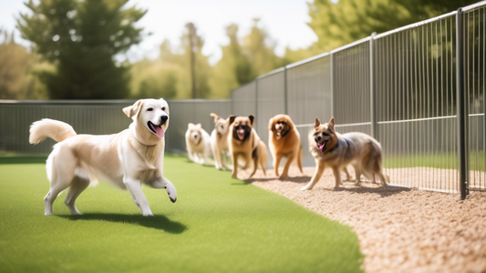 Illustrate a welcoming, well-maintained K9 dog boarding facility with happy dogs of various breeds playing in spacious outdoor areas. Include attentive staff members interacting with the dogs, clean a