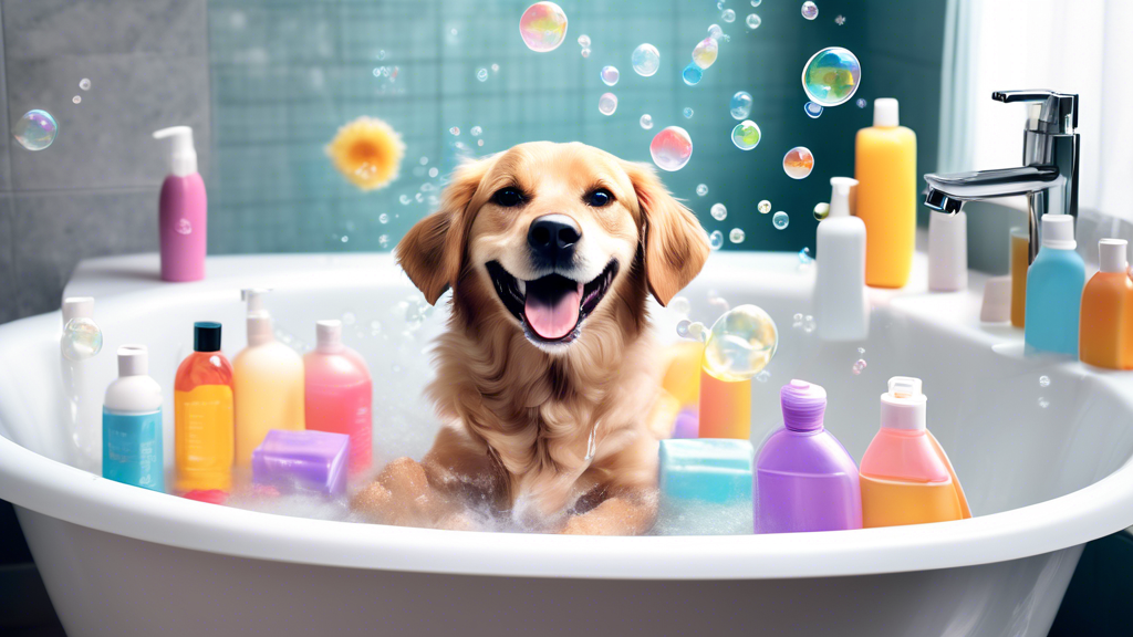 Create an image of a happy, clean dog with shiny fur being bathed in a bathtub. Surround the scene with antiseptic dog shampoo bottles displaying vibrant labels. Include bubbles and a cheerful pet own