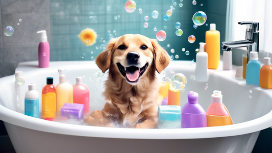 Create an image of a happy, clean dog with shiny fur being bathed in a bathtub. Surround the scene with antiseptic dog shampoo bottles displaying vibrant labels. Include bubbles and a cheerful pet own