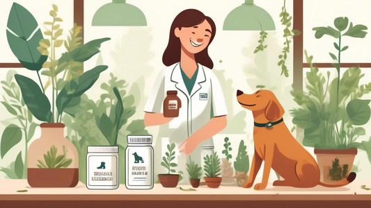 Illustrate a serene veterinary clinic with a healthy, happy dog and cat sitting contentedly by a jar labeled Adored Beast Gut Soothe. The background should feature a lush, green garden filled with div