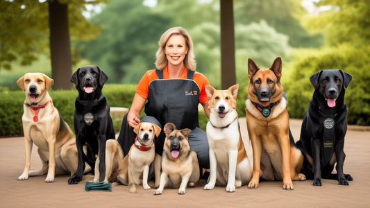 Create an image of a professional dog trainer in an outdoor training area, surrounded by several well-behaved dogs of different breeds (Labrador, German Shepherd, Beagle, etc.), displaying various tra