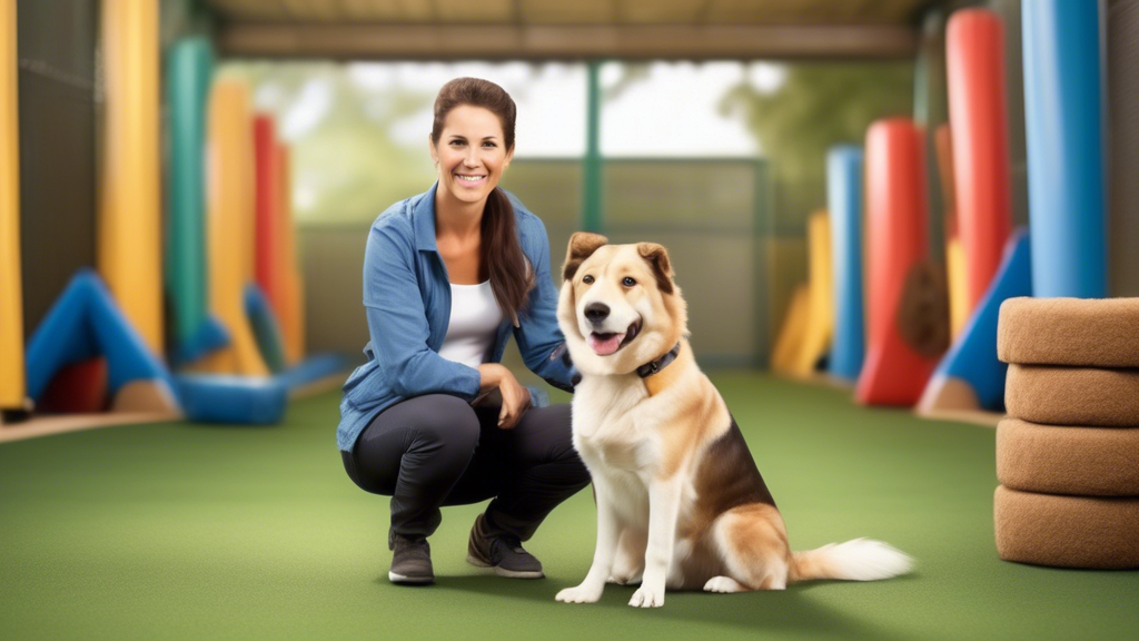 Create a heartwarming image of a well-behaved dog sitting attentively next to a professional dog trainer. The setting is a picturesque, well-equipped dog training facility with an obstacle course and 
