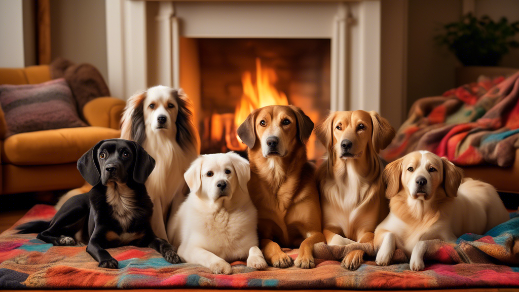 A heartwarming scene featuring a variety of dogs nestled under cozy, colorful blankets in a living room setting. The image includes different breeds and sizes of dogs, each comfortably lying on a soft