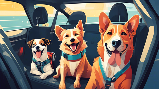 An array of happy dogs of various breeds safely and comfortably secured in different types of high-quality car harnesses inside a well-lit, modern car interior, showcasing the importance of pet safety