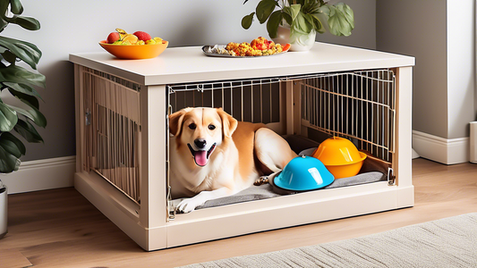 A stylish indoor setting showcasing a high-quality dog crate equipped with built-in bowls for water and food. The setup is designed for convenience and features a happy, well-groomed dog eagerly eatin