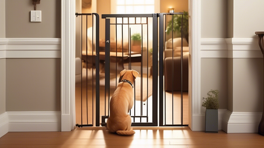 Create an image of a cozy living room with a dog gate installed in a doorway. The gate has a small, cleverly designed cat door at the bottom. Illustrate a playful, medium-sized dog looking through the