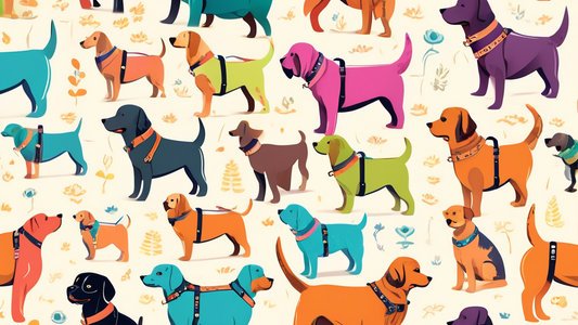 A vibrant display of various affordable dog harnesses in different colors and patterns, each labeled with budget-friendly prices. Displayed on a row of cute and happy dogs of different breeds and size