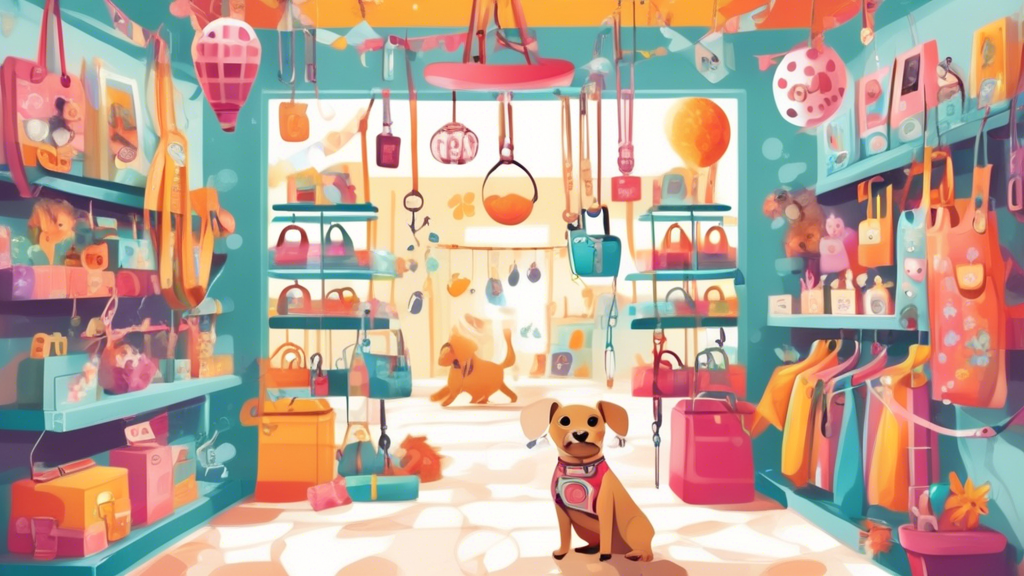 Create an image of a whimsical, beautifully decorated pet shop aisle filled with a variety of colorful and stylish dog harnesses. Focus on a cute puppy trying on an adorable harness, surrounded by eng
