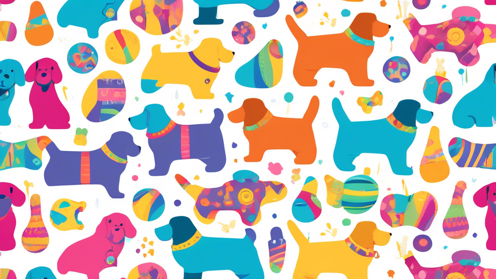 Create an image featuring a variety of unique, brightly-colored custom dog toys in various shapes and sizes, personalized with dog names and playful designs like bones, paw prints, and humorous faces.