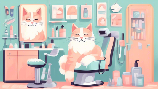 A cozy grooming room with soft pastel colors, where a calm and relaxed cat wears a comfortable, gentle muzzle. A groomer with a friendly expression uses grooming tools to care for the cat's fur, ensur