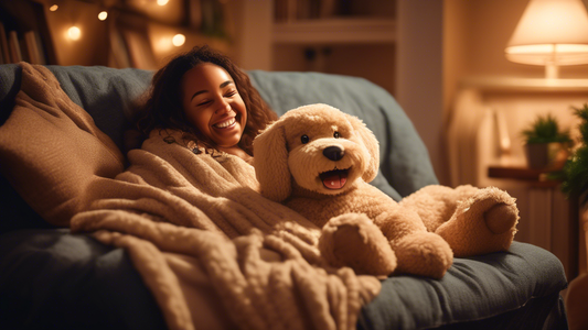 Create an image of a cozy, warmly lit living room with a large, plush stuffed dog sprawled comfortably on a cushy armchair. A person is seen softly smiling, wrapped in a thick blanket while leaning ag