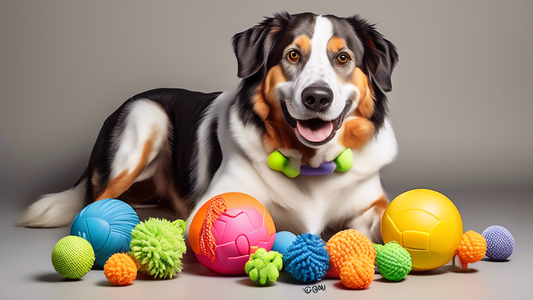 Create an image of a variety of durable dog toys designed for super chewers, displayed in a colorful and organized manner. Include items such as tough rubber balls, sturdy rope toys, heavy-duty chew b