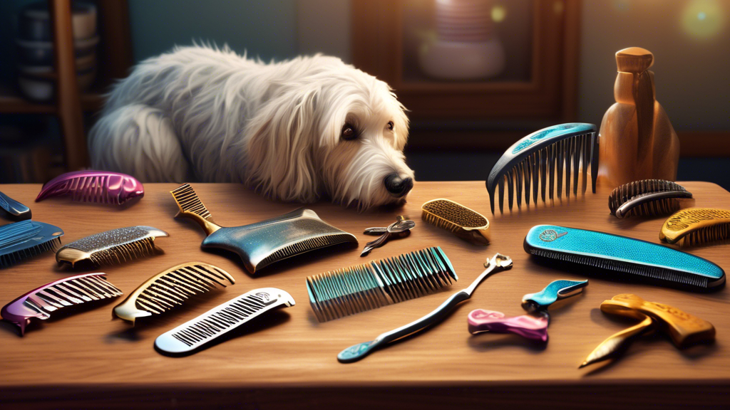 A detailed, high-resolution image showcasing a variety of metal dog combs laid out on a wooden table, with different designs and tooth spacing. Show a happy dog with a shiny coat beside the table, and