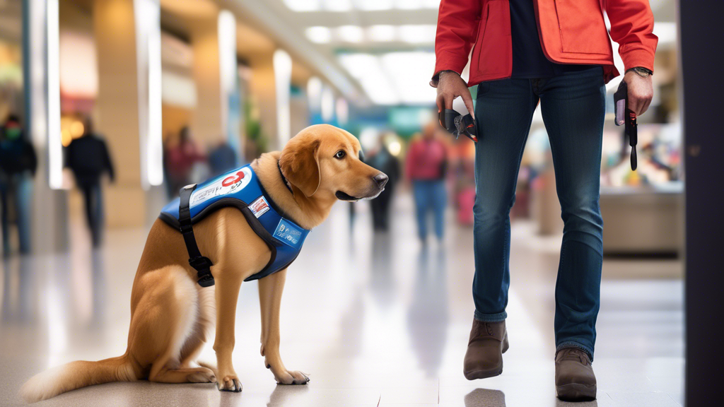 Create an image of a well-groomed service dog wearing a clearly marked vest standing next to its handler in a busy public place, such as a mall or a city street. The dog should appear focused and calm