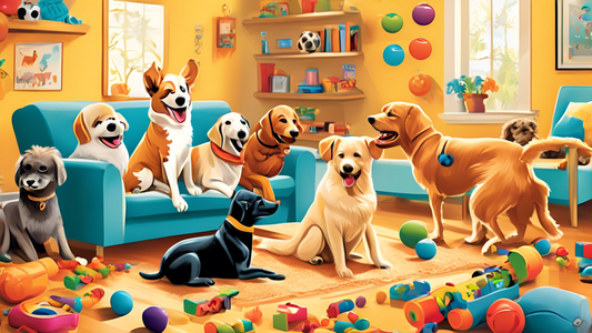 Create an image of a cheerful and playful scene featuring various dogs engaging with different types of mental stimulation toys. Include puzzle toys, treat-dispensing toys, interactive balls, and snif