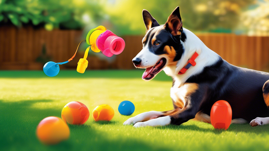 Create a vibrant image showing an energetic dog happily playing with a colorful Dura Play dog toy in a sunny backyard. Highlight the toy's durability and dog-friendly design, capturing both the fun an
