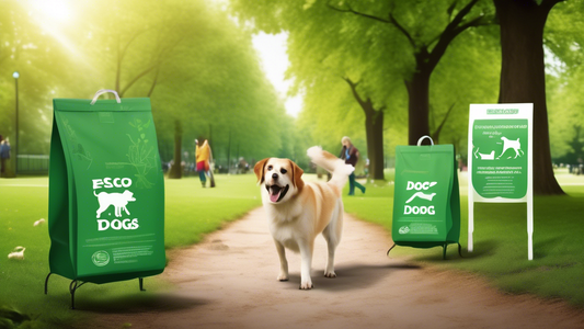 Create an image of a lush green park with people walking their dogs. Feature prominently a clearly labeled station with biodegradable dog waste bags in nature-inspired packaging. The scene should show