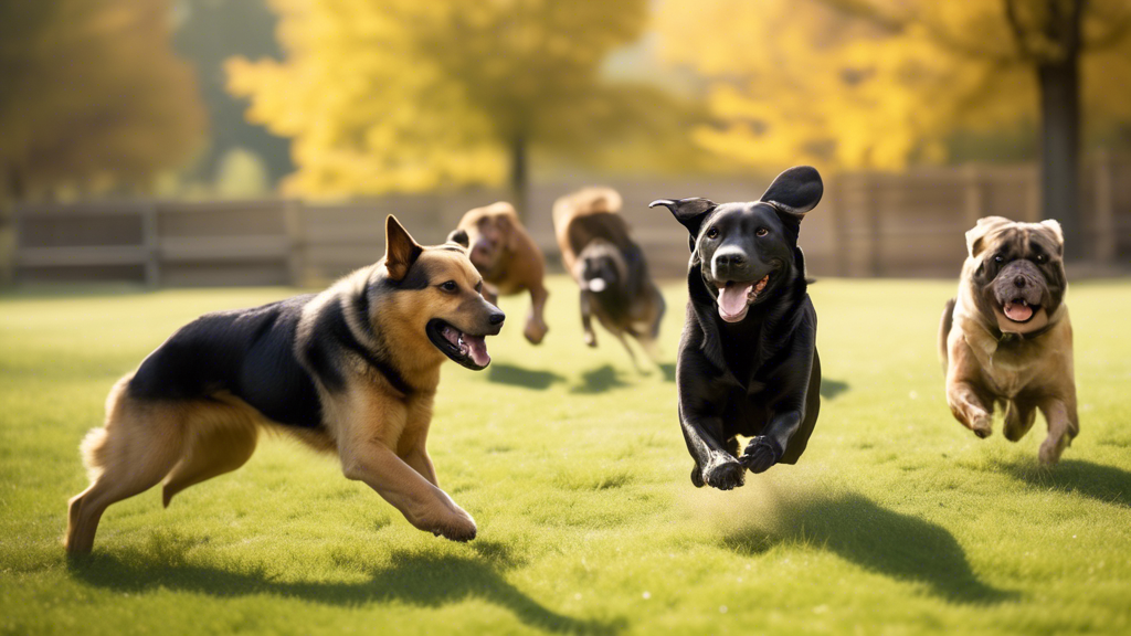 Create an image of a well-structured, scenic outdoor dog training boot camp. The scene should show professional dog trainers working with various dog breeds, guiding them in basic commands and agility