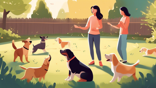 Create an image depicting a serene backyard setting with happy, well-behaved dogs playing freely. Subtly illustrate an invisible fence boundary, perhaps shown through a faint glowing line or small mar