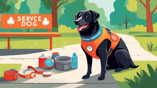 A cheerful service dog in a park wearing a vest with service dog patches, alongside various must-have accessories such as a sturdy leash, collapsible water bowl, identification tags, and protective bo
