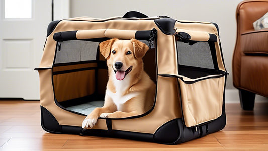Create an image of a happy dog comfortably resting inside a medium-sized, soft-sided dog crate, with a variety of these crates displayed around. Include details like soft padding, breathable mesh pane