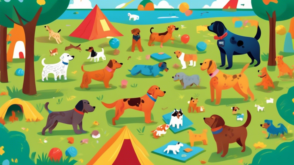 An engaging scene featuring a variety of colorful dog activity mats spread out on a grassy park, with happy dogs of different breeds playing and solving puzzles. The mats have different textures, pock